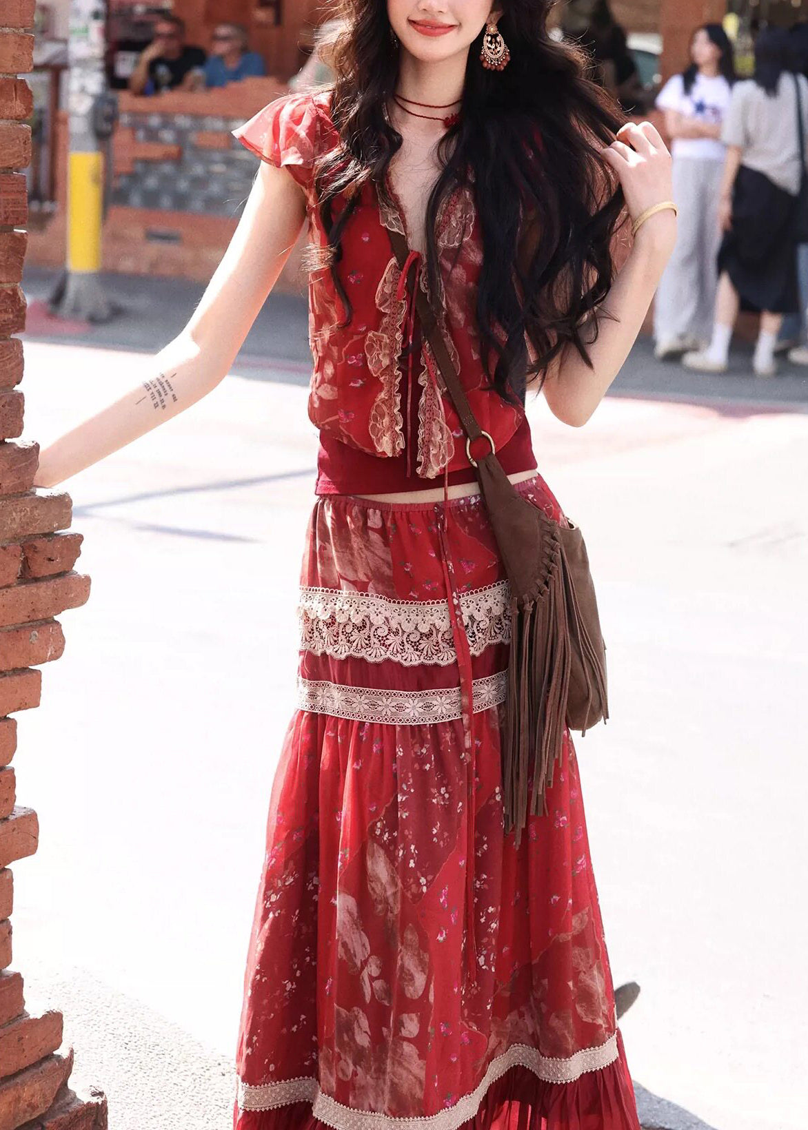 Bohemian Red Print Lace Patchwork Silk Two Pieces Set Summer