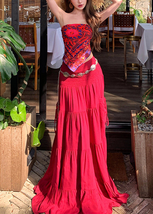 Bohemian Red Print Vest And Maxi Skirts Two Pieces Set Summer