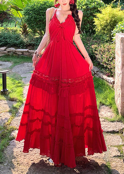 Bohemian Red Ruffled Exra Large Hem Cotton Beach Dress Summer