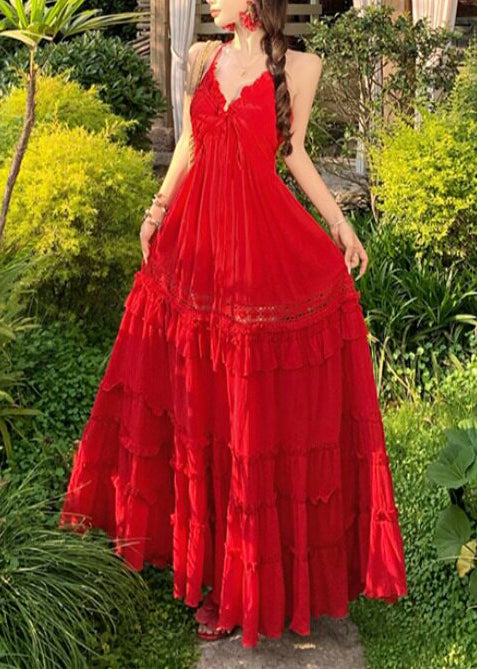 Bohemian Red Ruffled Exra Large Hem Cotton Beach Dress Summer