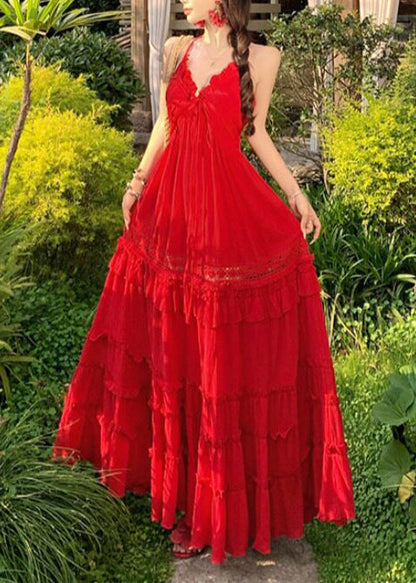 Bohemian Red Ruffled Exra Large Hem Cotton Beach Dress Summer