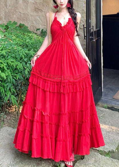 Bohemian Red Ruffled Exra Large Hem Cotton Beach Dress Summer