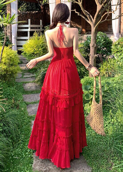 Bohemian Red Ruffled Exra Large Hem Cotton Beach Dress Summer