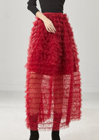Bohemian Red Ruffled Tulle Skirt Summer