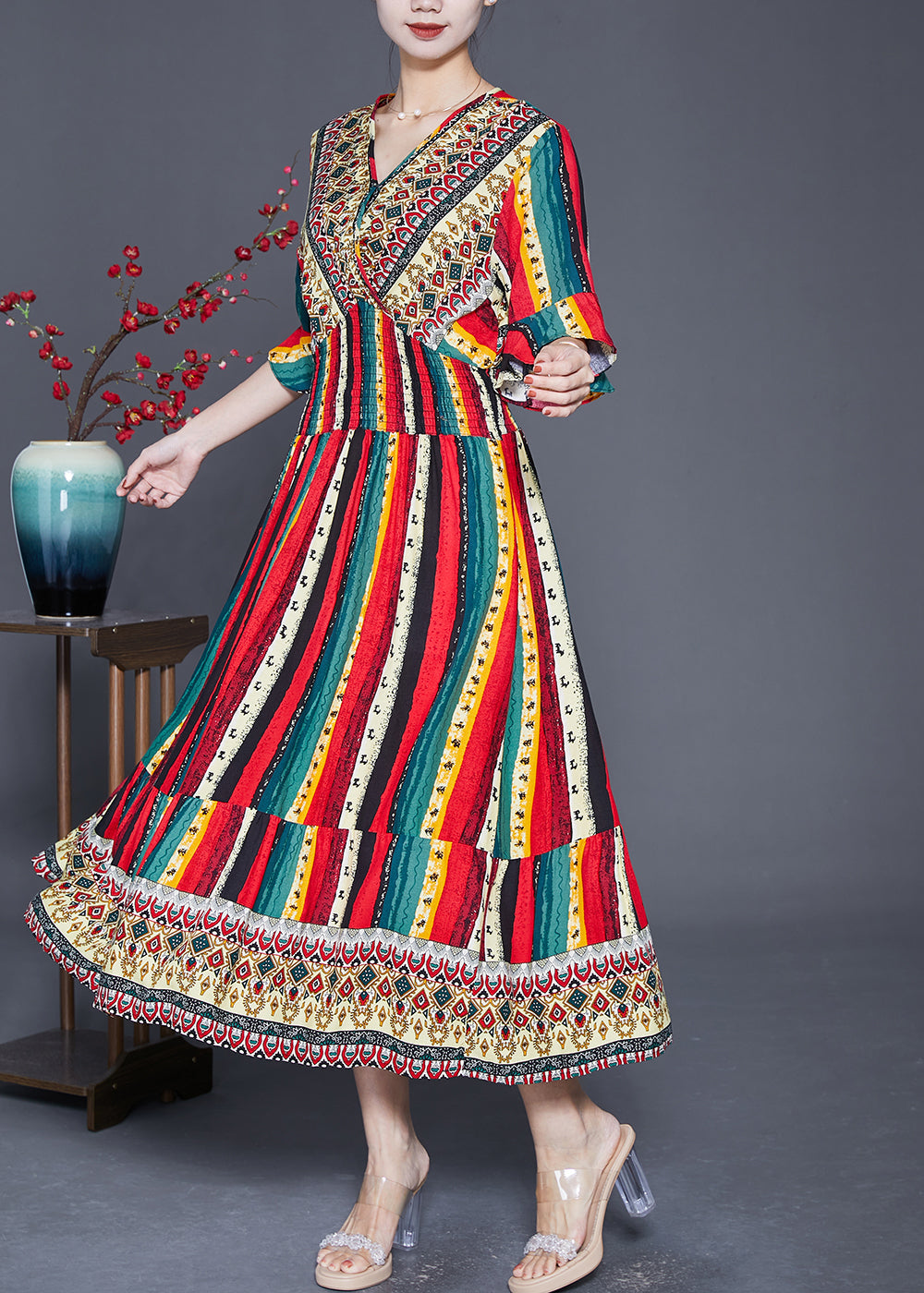 Bohemian Red Striped Cotton Vacation Dresses Flare Sleeve