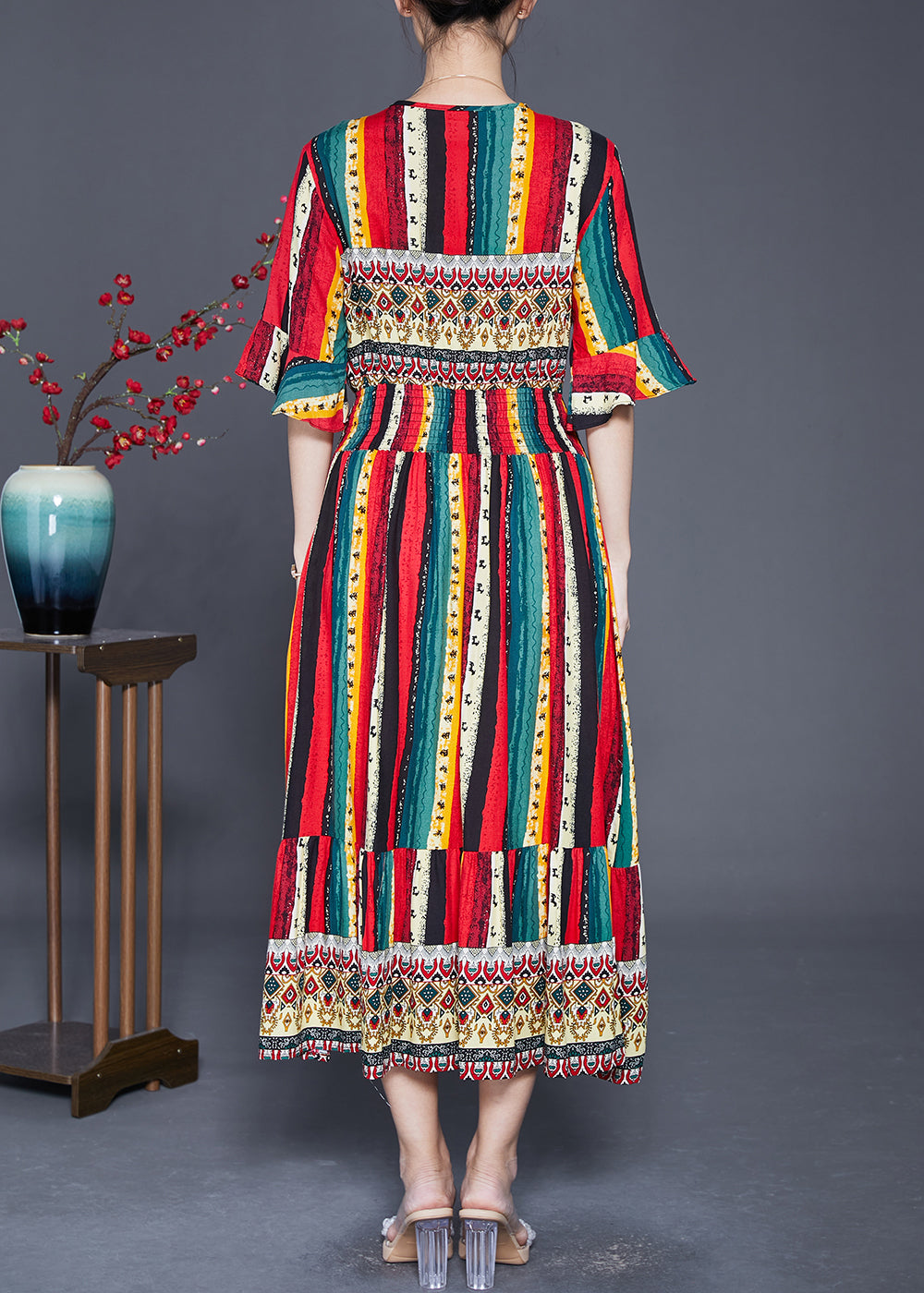 Bohemian Red Striped Cotton Vacation Dresses Flare Sleeve