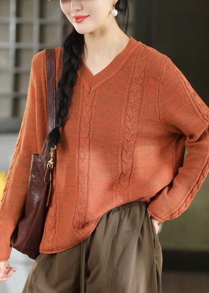 Bohemian Red V Neck Cable Knit Sweater Winter