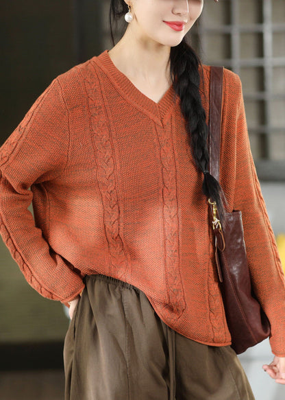 Bohemian Red V Neck Cable Knit Sweater Winter