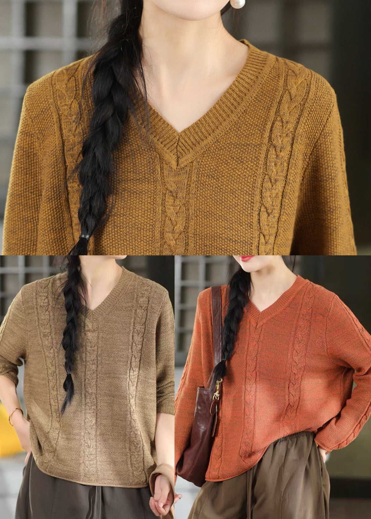 Bohemian Red V Neck Cable Knit Sweater Winter