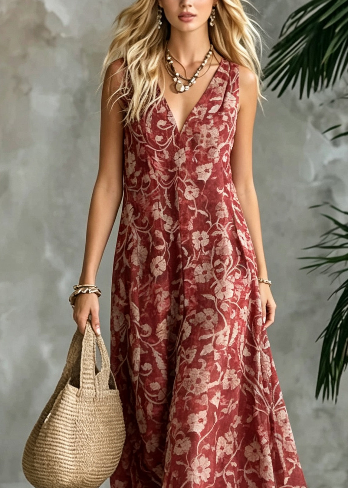 Bohemian Red V Neck Print Cotton Ankle Dress Sleeveless