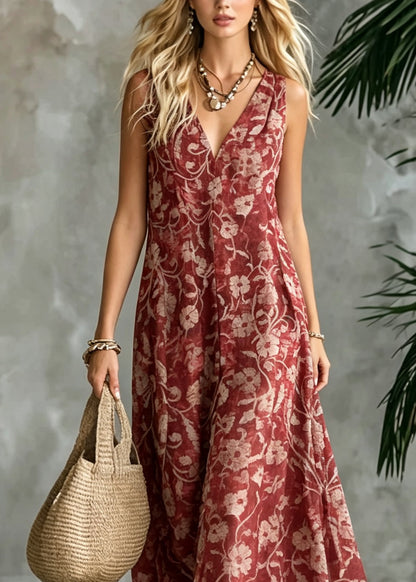 Bohemian Red V Neck Print Cotton Ankle Dress Sleeveless