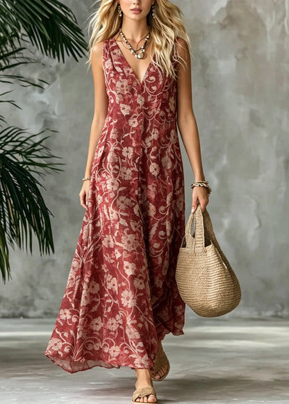 Bohemian Red V Neck Print Cotton Ankle Dress Sleeveless