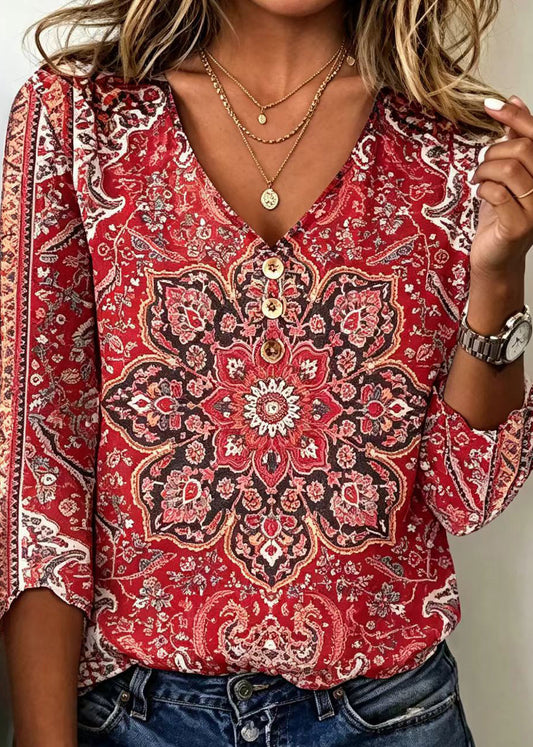 Bohemian Red V Neck Print Cotton Blouse Top Summer