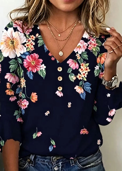 Bohemian Red V Neck Print Cotton Blouse Top Summer