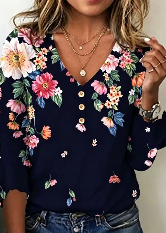 Bohemian Red V Neck Print Cotton Blouse Top Summer