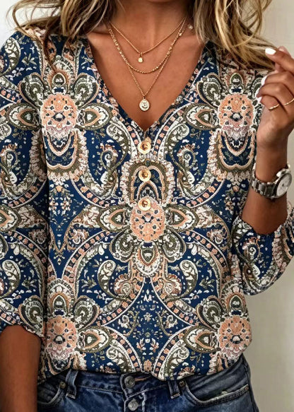 Bohemian Red V Neck Print Cotton Blouse Top Summer