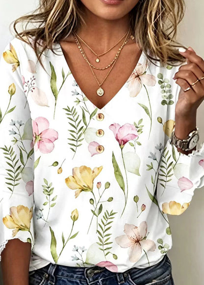 Bohemian Red V Neck Print Cotton Blouse Top Summer