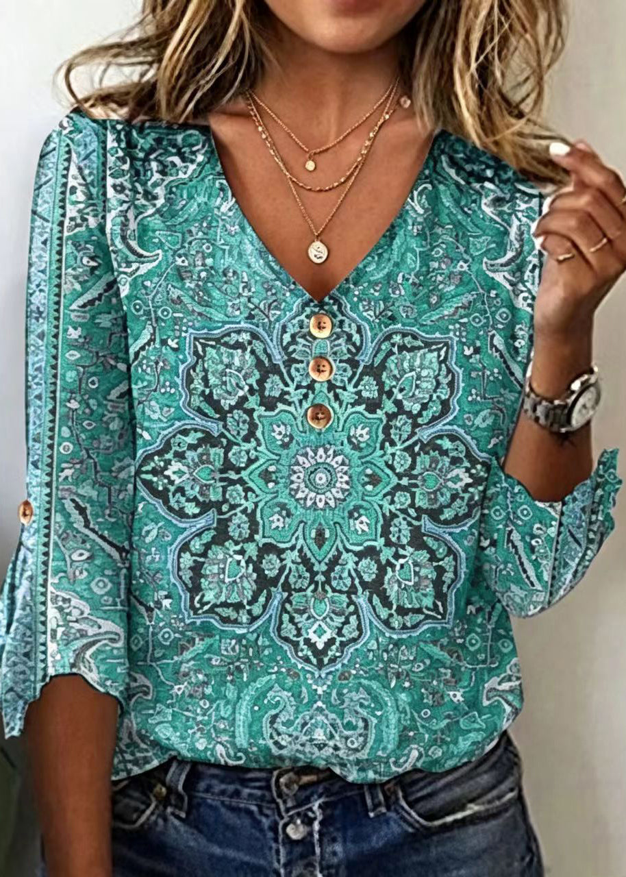 Bohemian Red V Neck Print Cotton Blouse Top Summer