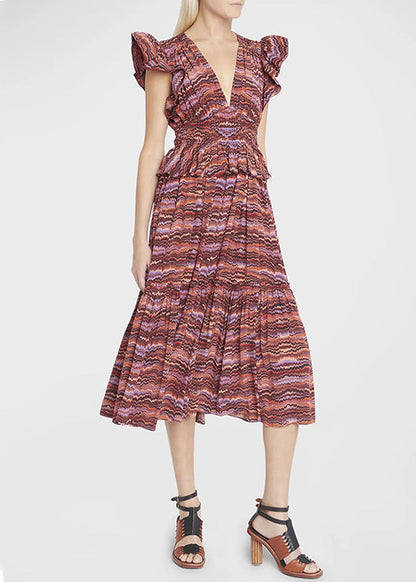 Bohemian Red V Neck Print Cotton Dress Butterfly Sleeve