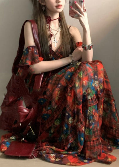 Bohemian Red V Neck Print Holiday Long Dresses Summer