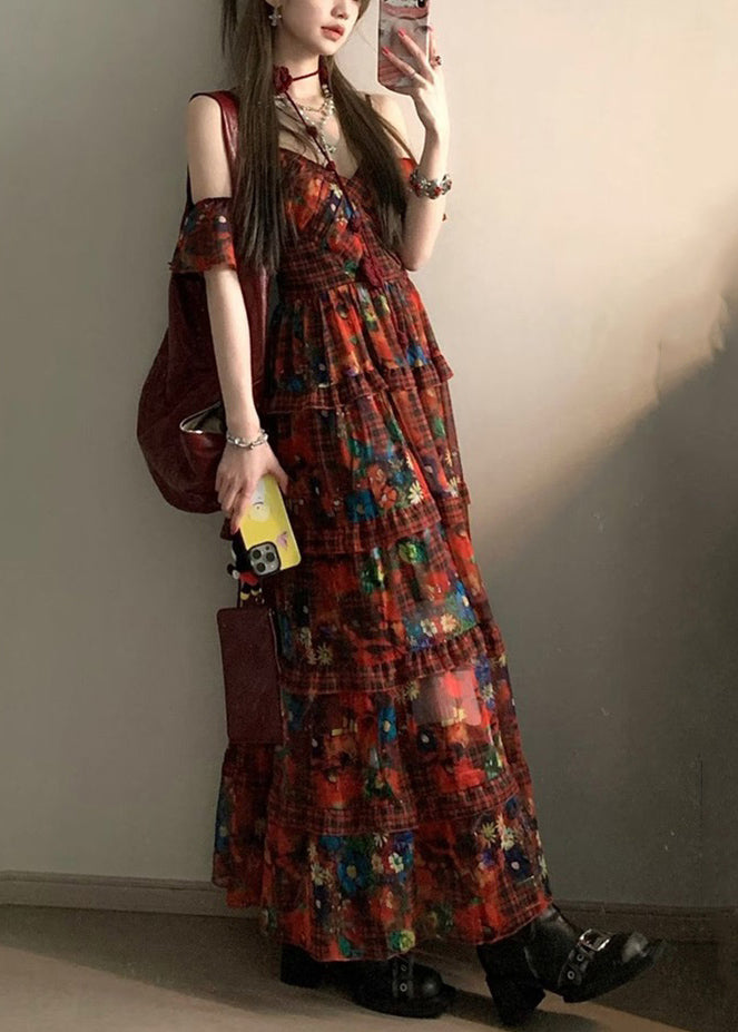 Bohemian Red V Neck Print Holiday Long Dresses Summer