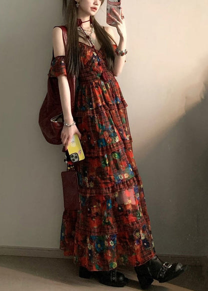 Bohemian Red V Neck Print Holiday Long Dresses Summer