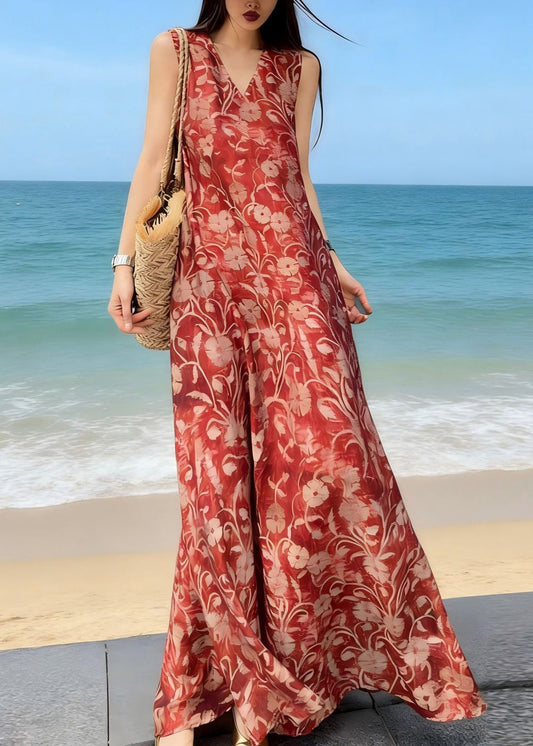 Bohemian Red V Neck Print Long Spaghetti Strap Sleeveless