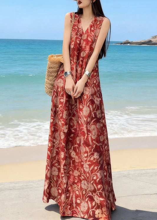 Bohemian Red V Neck Print Long Spaghetti Strap Sleeveless