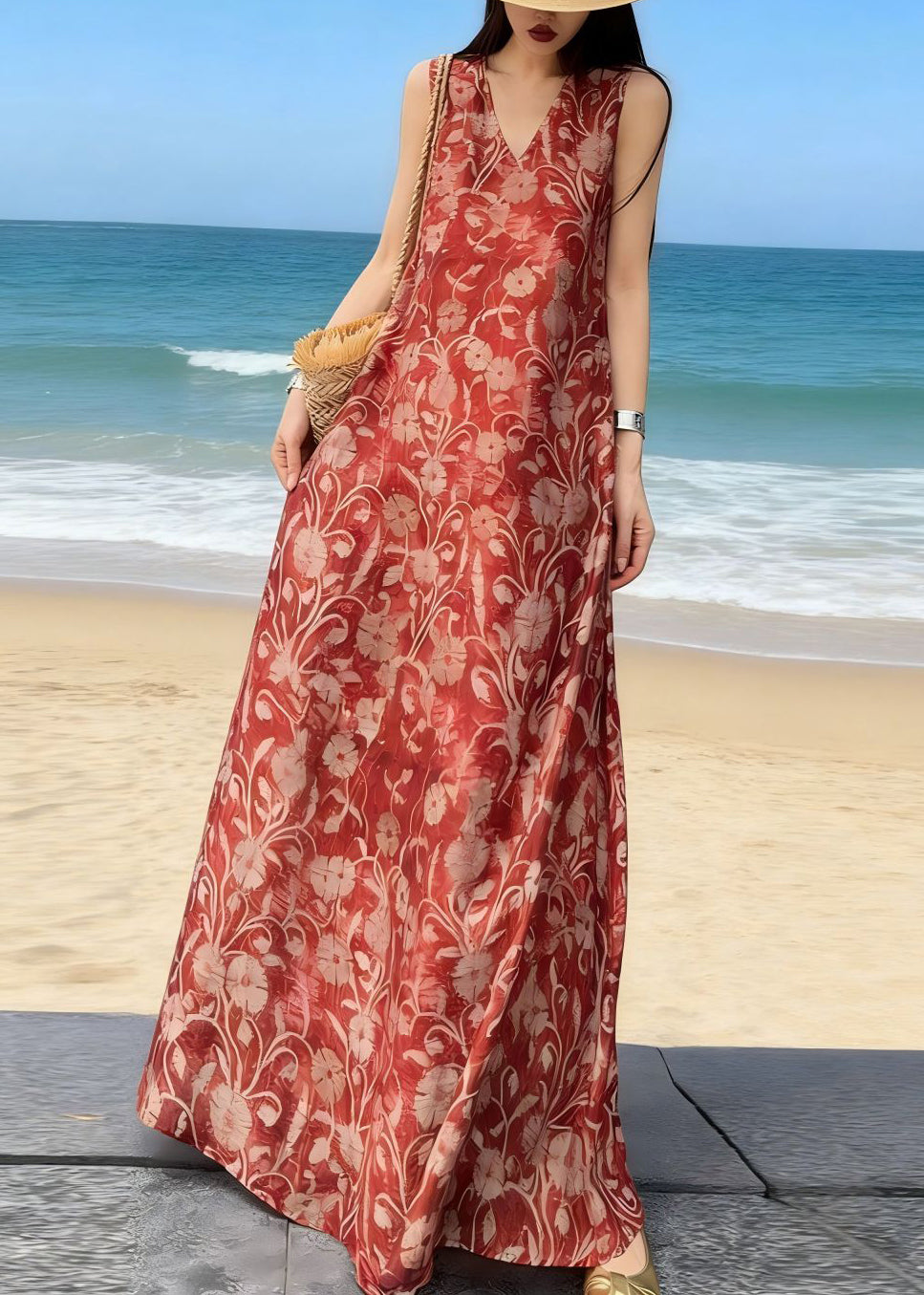 Bohemian Red V Neck Print Long Spaghetti Strap Sleeveless