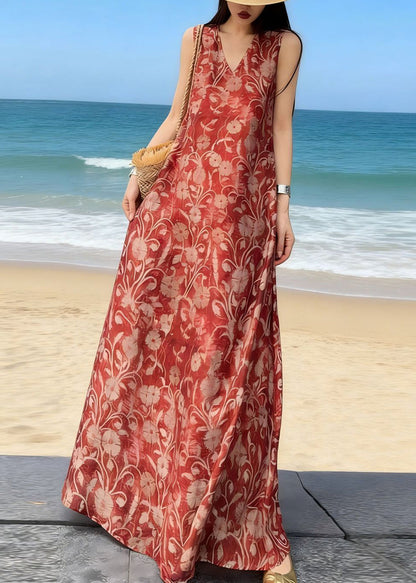 Bohemian Red V Neck Print Long Spaghetti Strap Sleeveless
