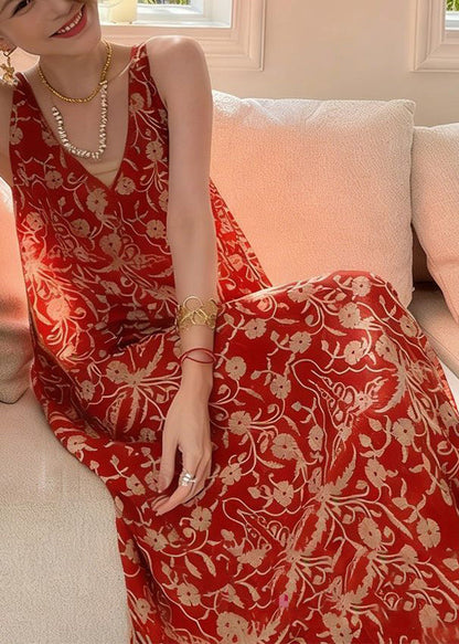 Bohemian Red V Neck Print Long Spaghetti Strap Sleeveless