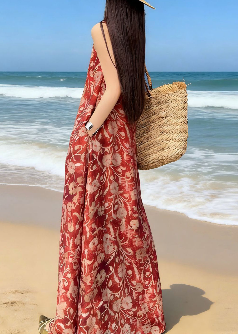 Bohemian Red V Neck Print Long Spaghetti Strap Sleeveless