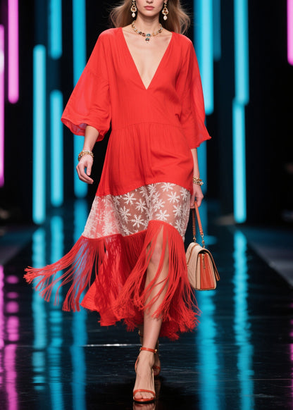 Bohemian Red V Neck Print Tassel Cotton Dress Summer