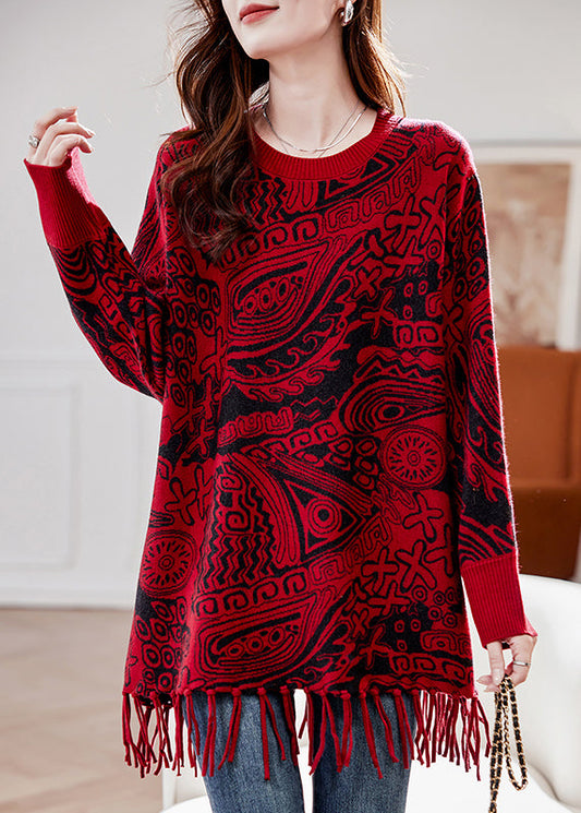 Bohemian RedTassel Patchwork Cotton Knit Sweater Tops Batwing Sleeve