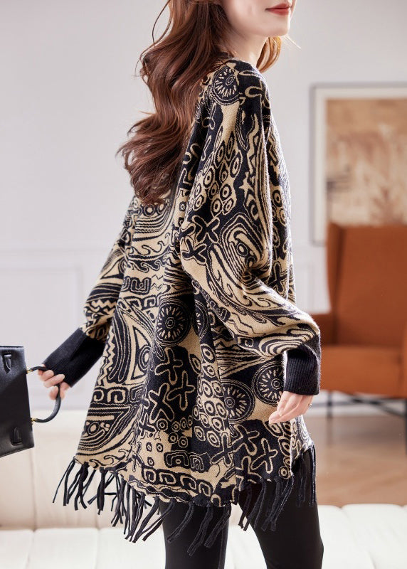 Bohemian RedTassel Patchwork Cotton Knit Sweater Tops Batwing Sleeve