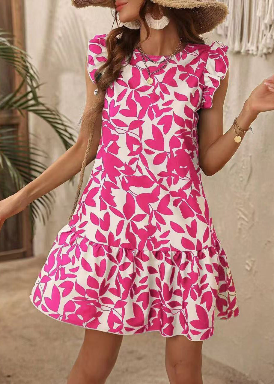 Bohemian Rose O Neck Print Cotton Mid Dress Butterfly Sleeve