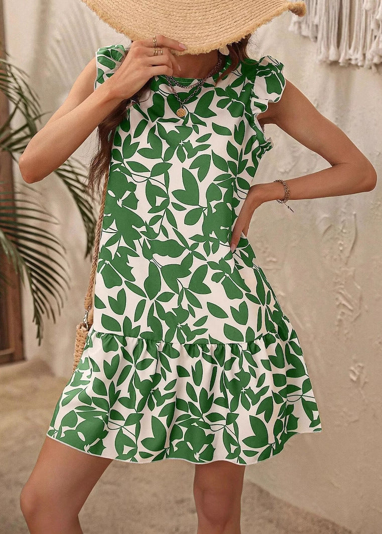 Bohemian Rose O Neck Print Cotton Mid Dress Butterfly Sleeve