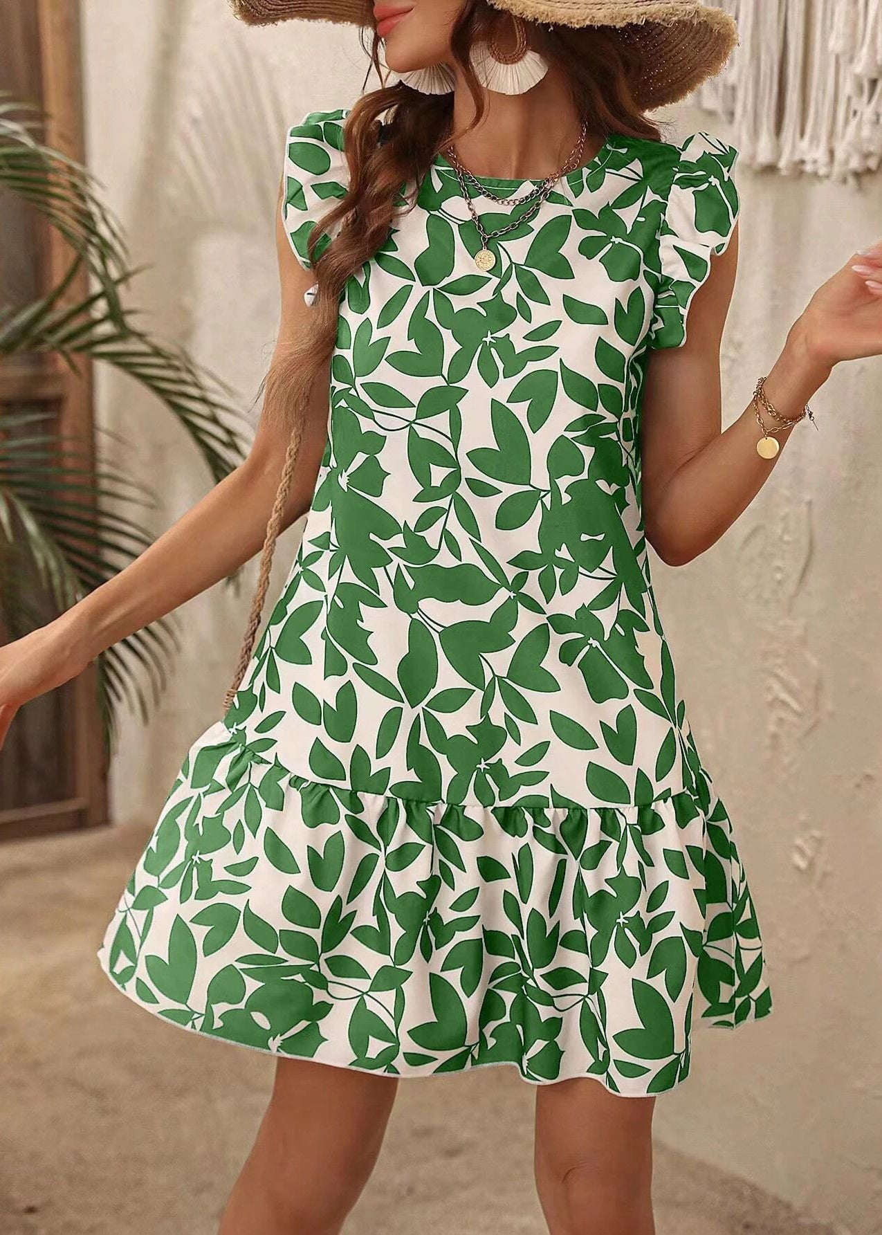 Bohemian Rose O Neck Print Cotton Mid Dress Butterfly Sleeve