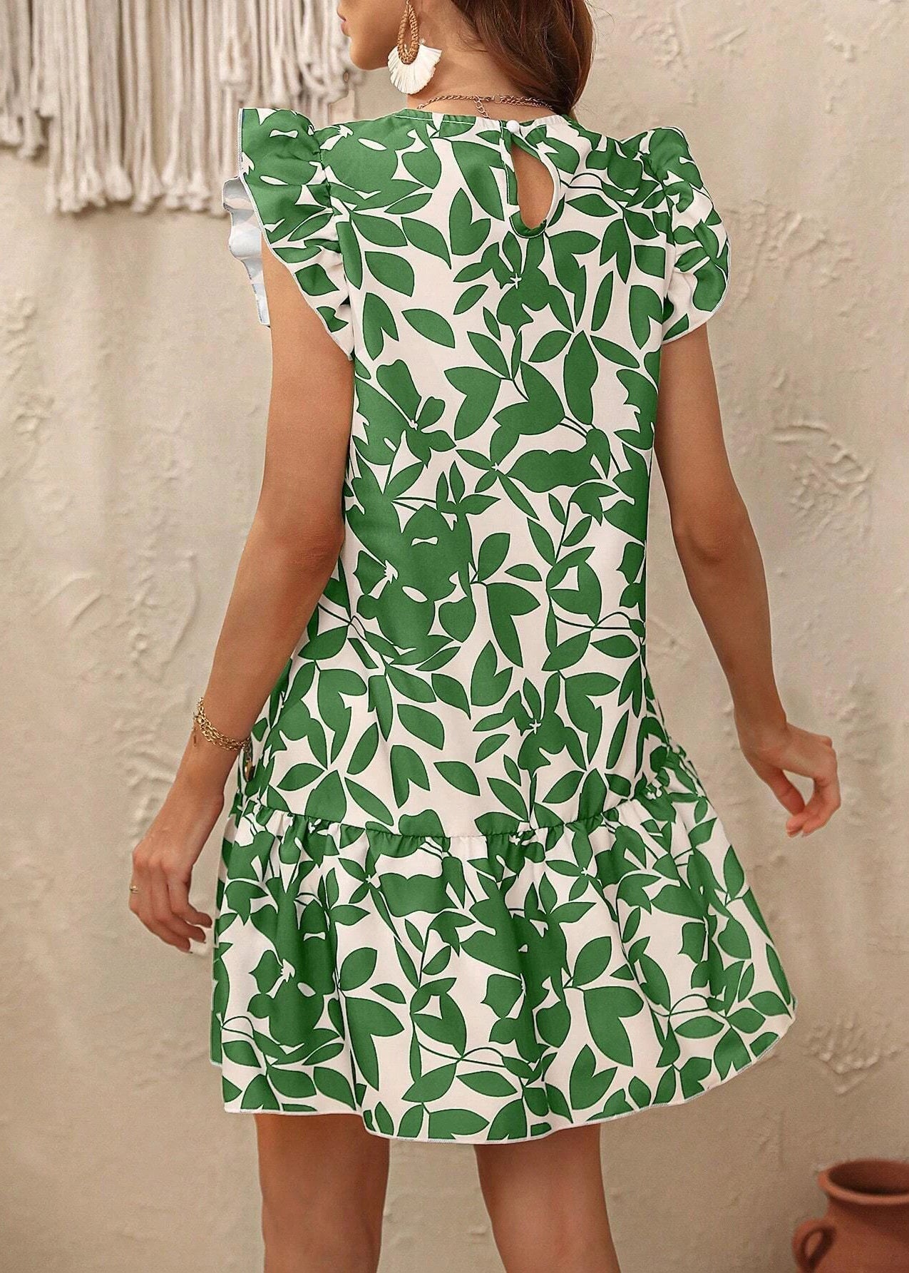 Bohemian Rose O Neck Print Cotton Mid Dress Butterfly Sleeve