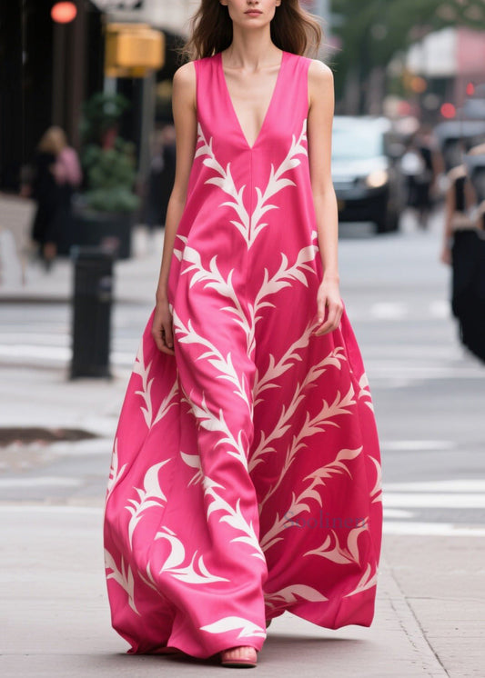 Bohemian Rose Oversized Print Silk Maxi Dress Summer