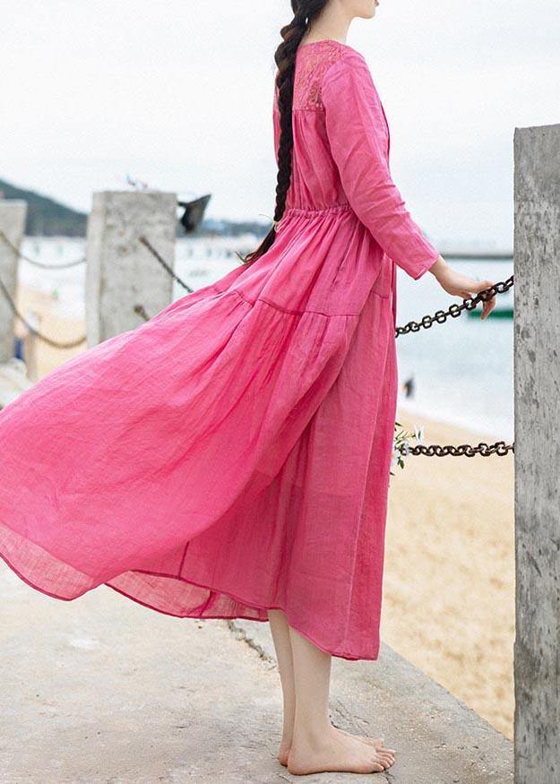 Bohemian Rose Patchwork Lace Pockets Maxi Summer Linen Dress - SooLinen