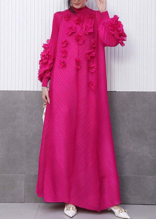 Bohemian Rose Stand Collar Floral Decorated Long Dresses Summer