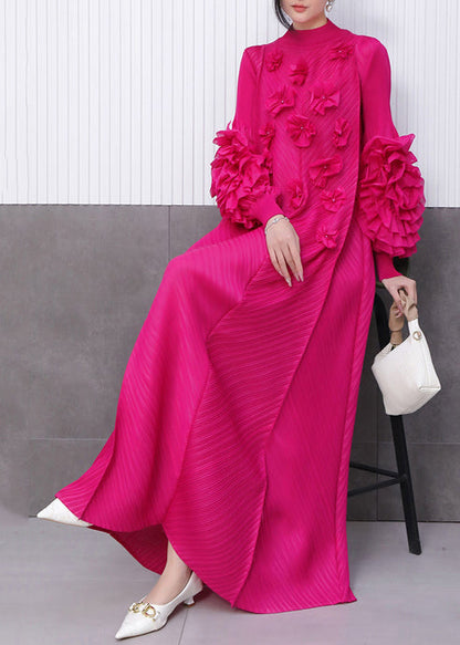 Bohemian Rose Stand Collar Floral Decorated Long Dresses Summer