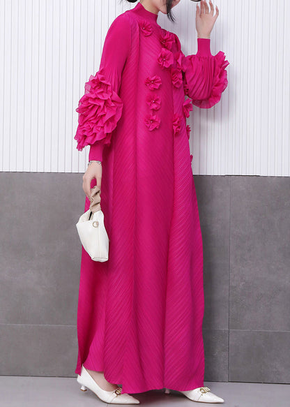 Bohemian Rose Stand Collar Floral Decorated Long Dresses Summer