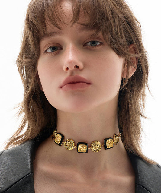 Bohemian Silk Copper Overgild Dripping Glaze Coin Collar Necklace