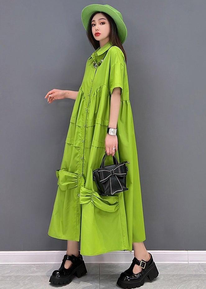 Bohemian Solid Green Peter Pan Collar Patchwork Oversized Dress Short Sleeve