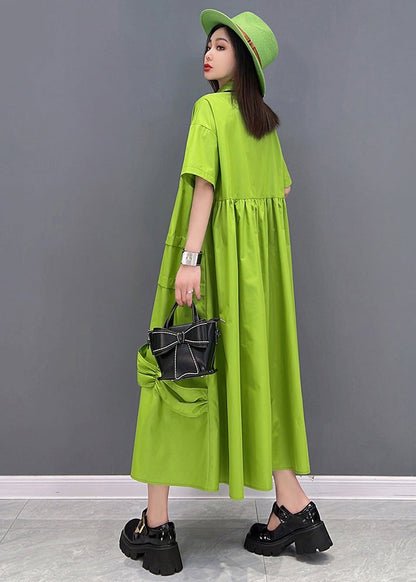 Bohemian Solid Green Peter Pan Collar Patchwork Oversized Dress Short Sleeve