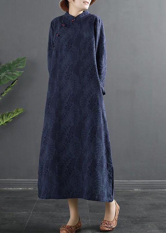 Bohemian Stand Collar dress Blue Jacquard Maxi Dresses - SooLinen