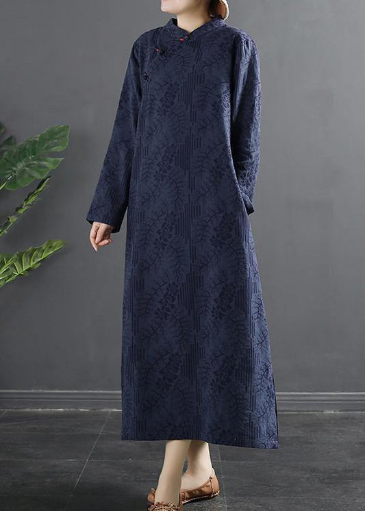 Bohemian Stand Collar dress Blue Jacquard Maxi Dresses - SooLinen
