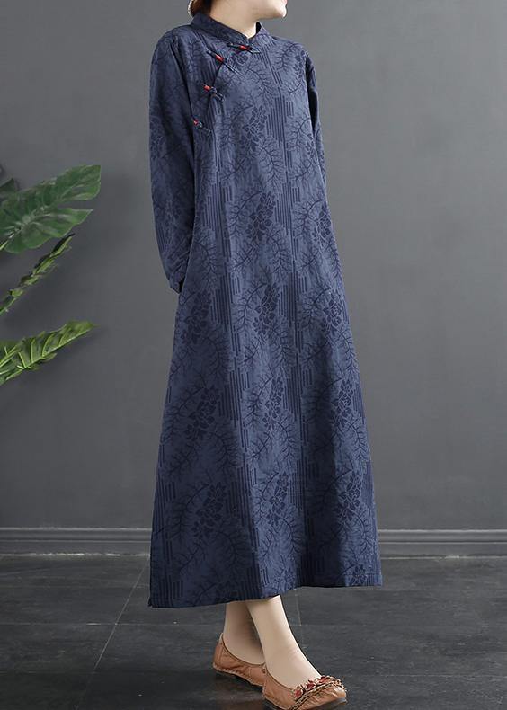 Bohemian Stand Collar dress Blue Jacquard Maxi Dresses - SooLinen